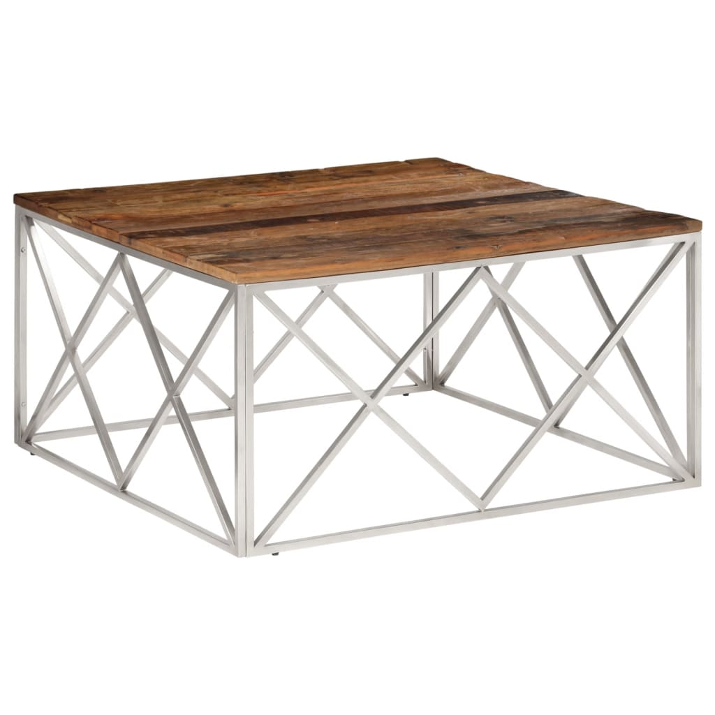 Coffee Table Silver Stainless Steel and Solid Sleeper Wood