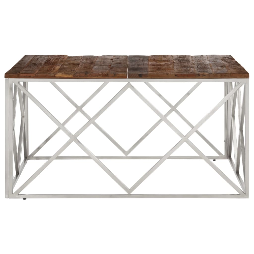 Coffee Table Silver Stainless Steel and Solid Sleeper Wood