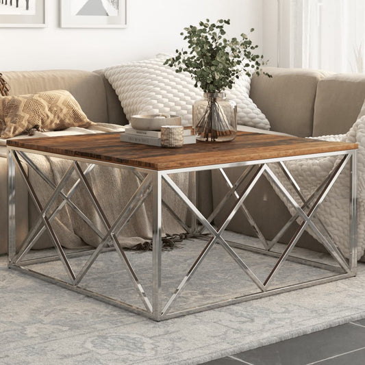 Coffee Table Silver Stainless Steel and Solid Sleeper Wood