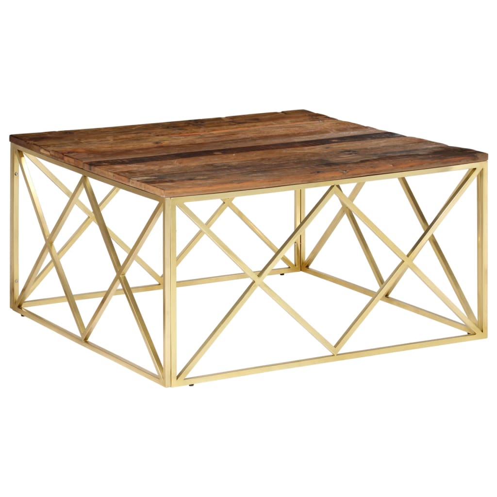 Coffee Table Gold Stainless Steel and Solid Sleeper Wood