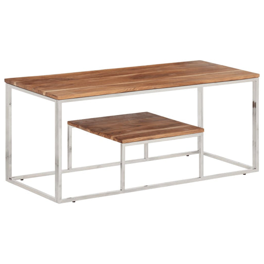 Coffee Table Silver Stainless Steel and Solid Wood Acacia