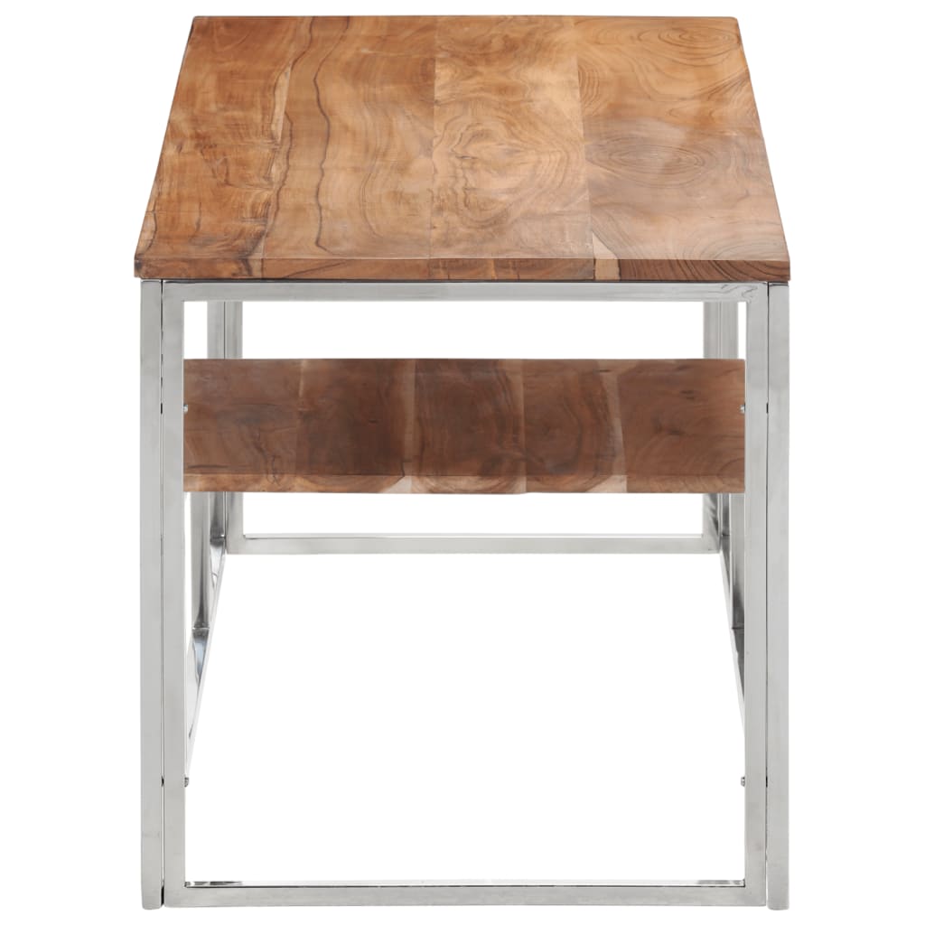 Coffee Table Silver Stainless Steel and Solid Wood Acacia