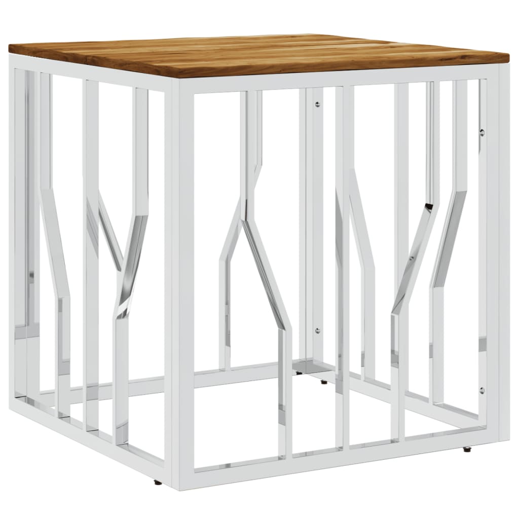 Coffee Table Silver Stainless Steel and Solid Wood Acacia