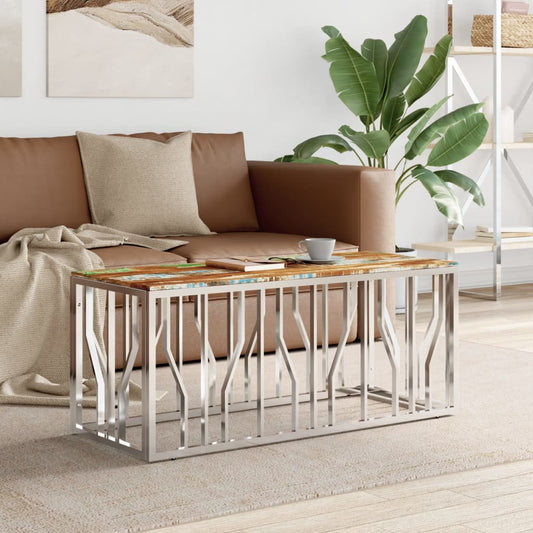 Coffee Table Silver Stainless Steel and Solid Wood Reclaimed