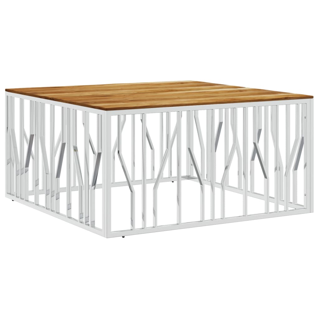 Coffee Table Silver Stainless Steel and Solid Wood Acacia