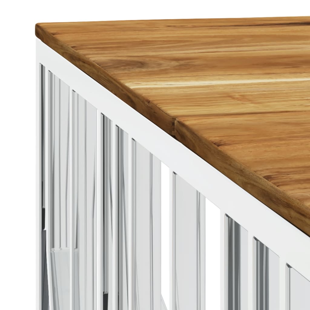 Coffee Table Silver Stainless Steel and Solid Wood Acacia