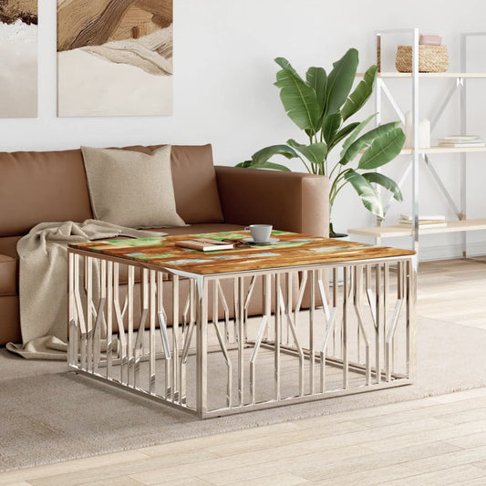 Coffee Table Silver Stainless Steel and Solid Wood Acacia