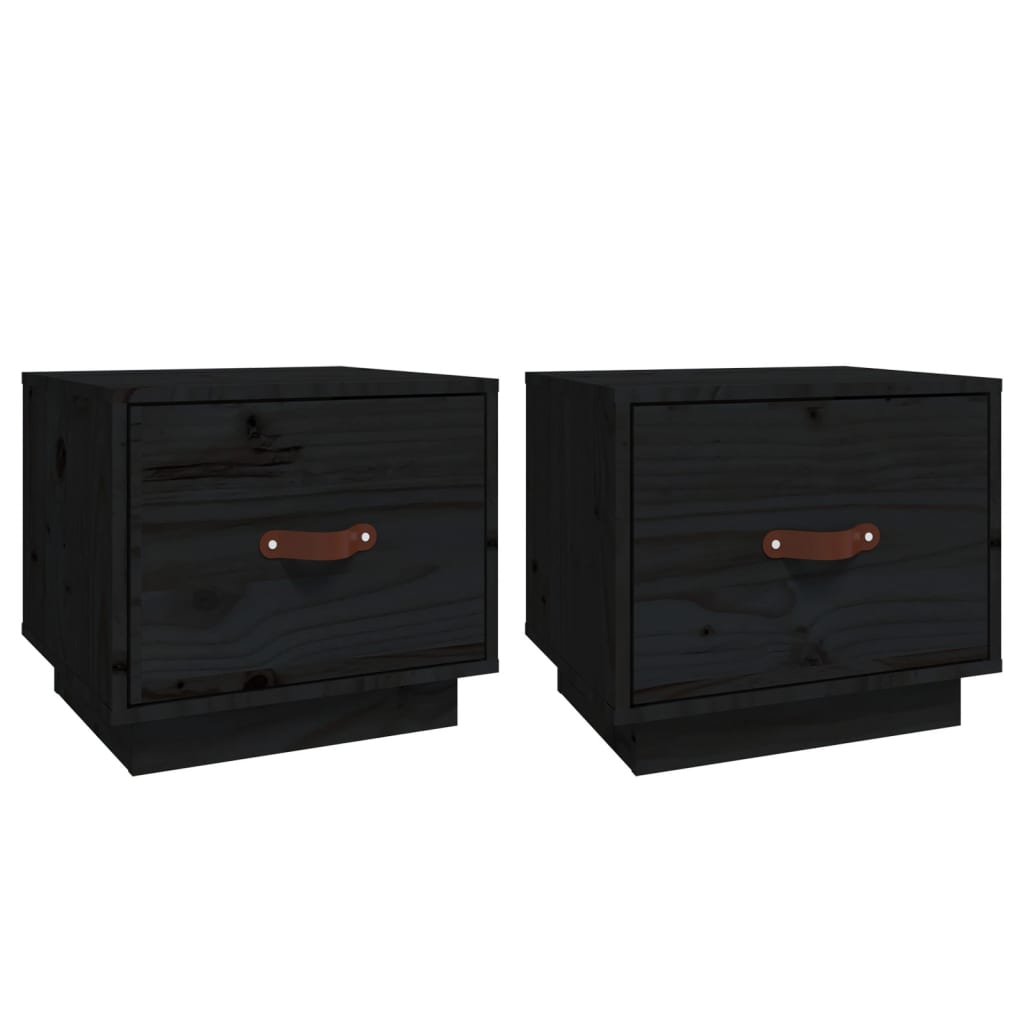 Set of 2 Black Solid Pine Bedside Cabinets - 40x34x35 cm