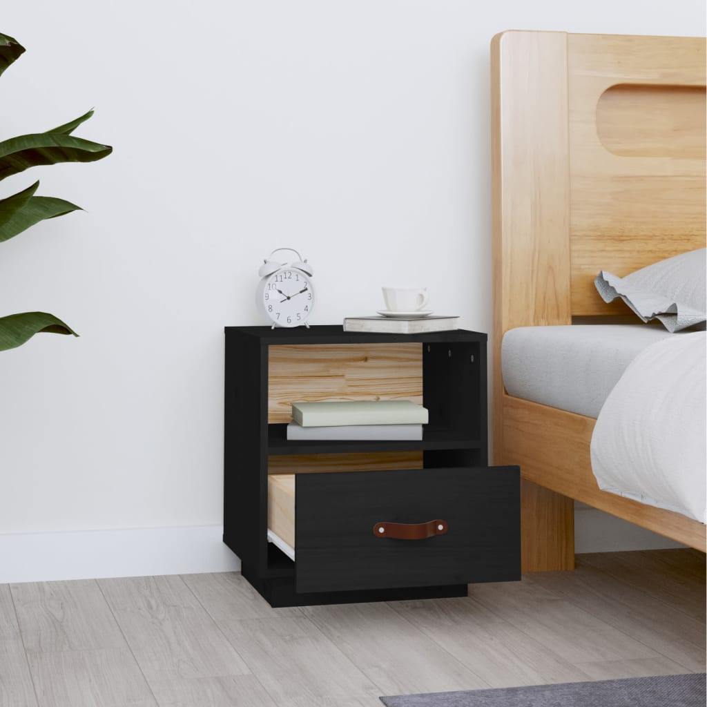 Solid Pine Black Bedside Cabinet 40x34x45 cm