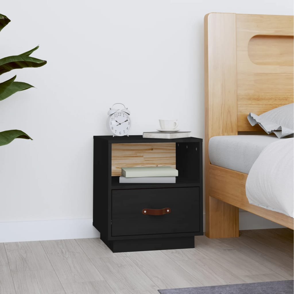 Solid Pine Black Bedside Cabinet 40x34x45 cm