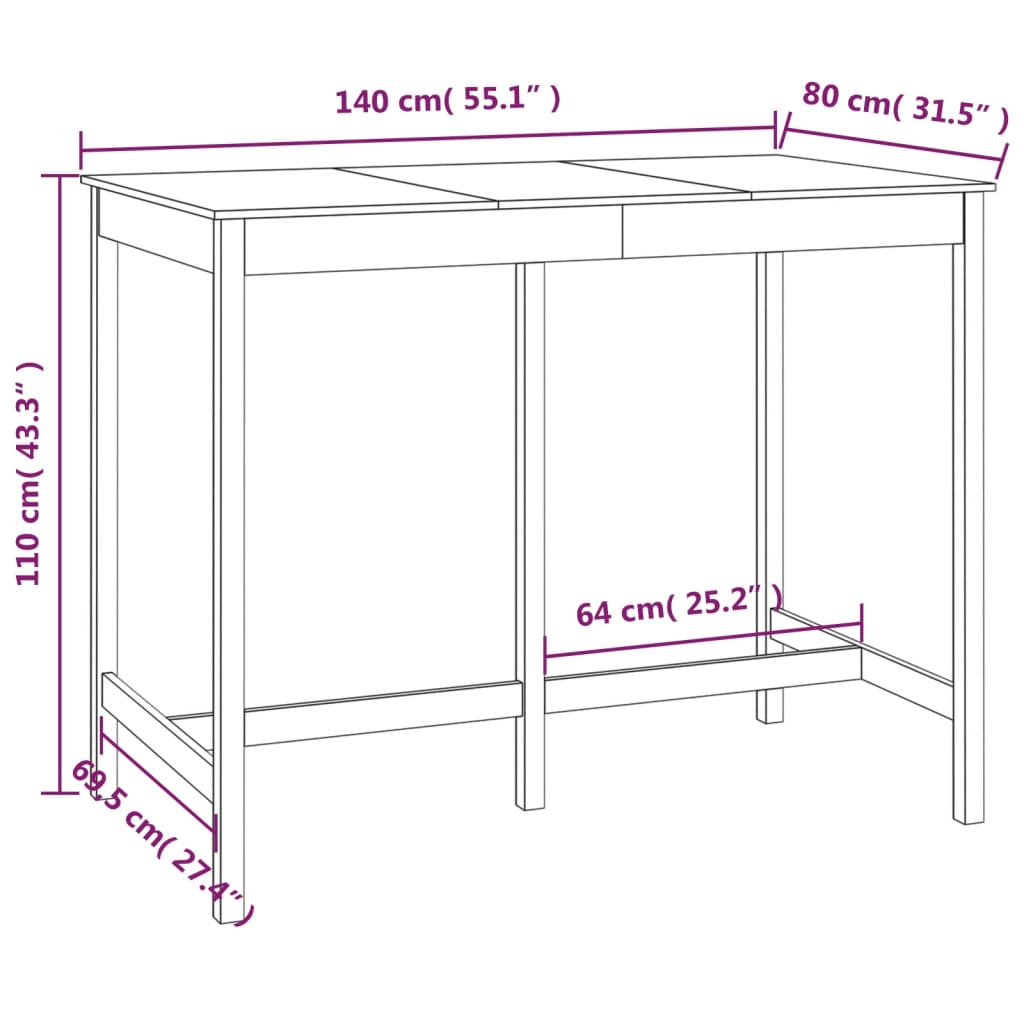 Solid Pine Wood Bar Table 140x80x110 cm - Natural Finish