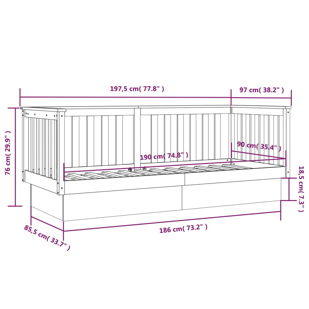 Solid Pine Grey Day Bed Frame 90x190 cm - No Mattress Included