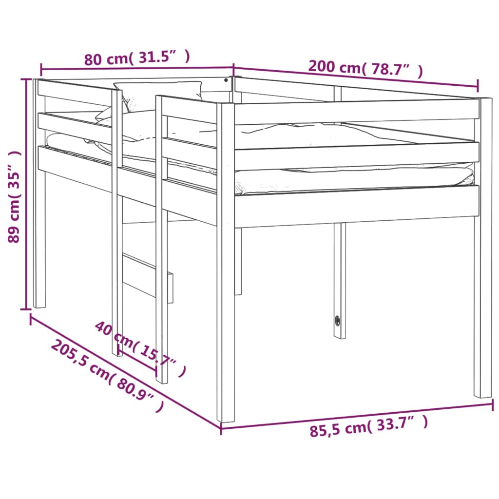 White Solid Pine High Sleeper Bed 80x200 cm - No Mattress Included