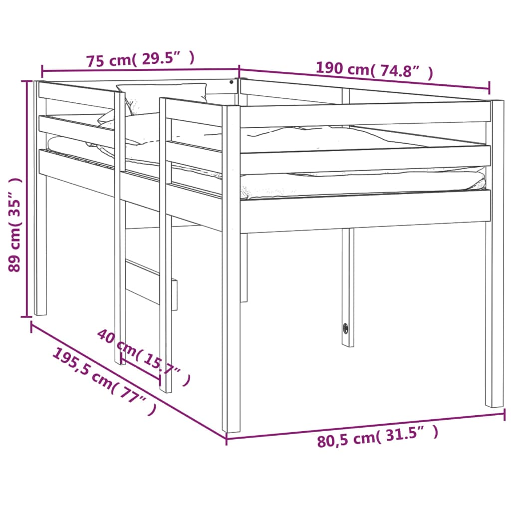 White Pine High Sleeper Bed 75x190 cm - Solid Wood, No Mattress