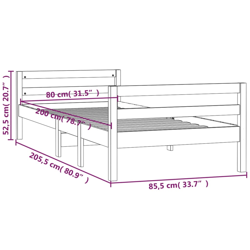 Solid Pine Wood Bed Frame, White, 80x200 cm, No Mattress Included