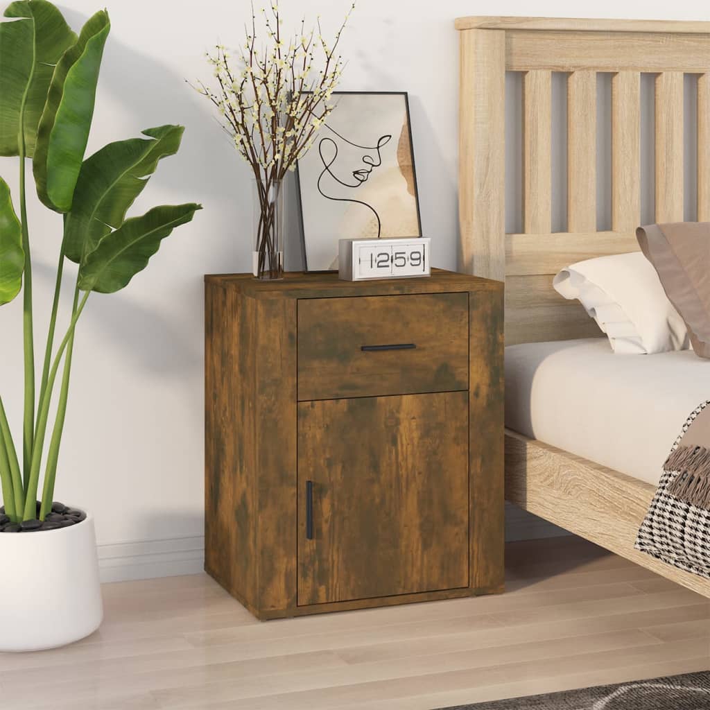 Smoked Oak Bedside Cabinet 50x36x60cm - Engineered Wood Elegance