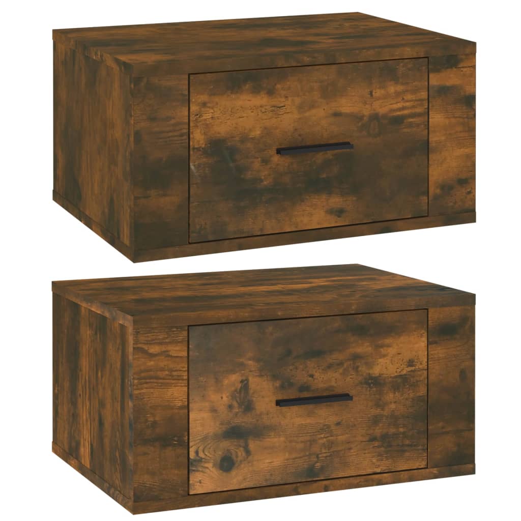 Set of 2 Smoked Oak Wall-Mounted Bedside Cabinets - 50x36x25 cm