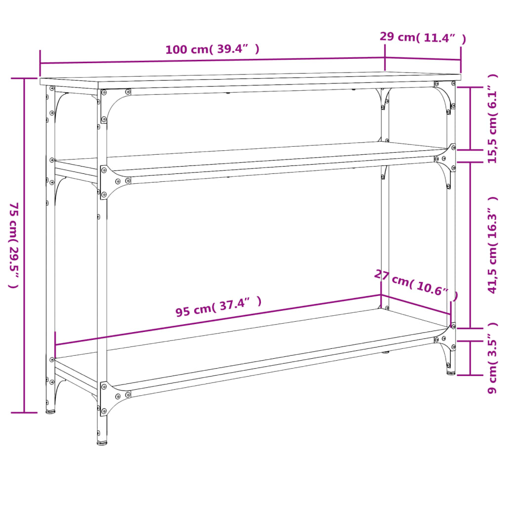 Sonoma Grey Console Table - 100x29x75 cm Engineered Wood