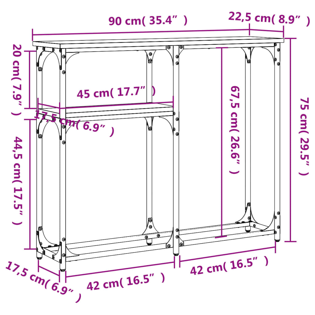 Smoked Oak Console Table - Engineered Wood, 90x22.5x75 cm