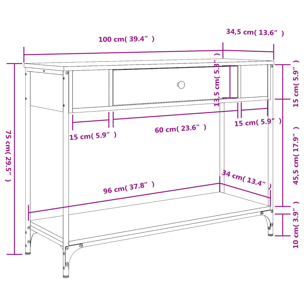 Smoked Oak Console Table - 100x34.5x75 cm in Engineered Wood