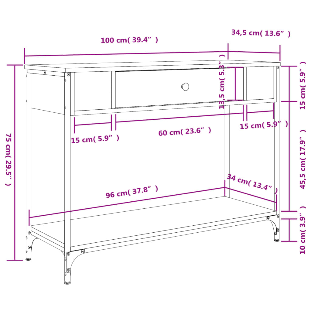 Brown Oak Console Table - Engineered Wood, 100x34.5x75 cm