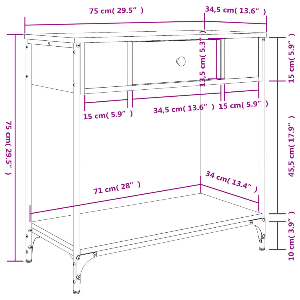 Brown Oak Engineered Wood Console Table - 75x34.5x75 cm