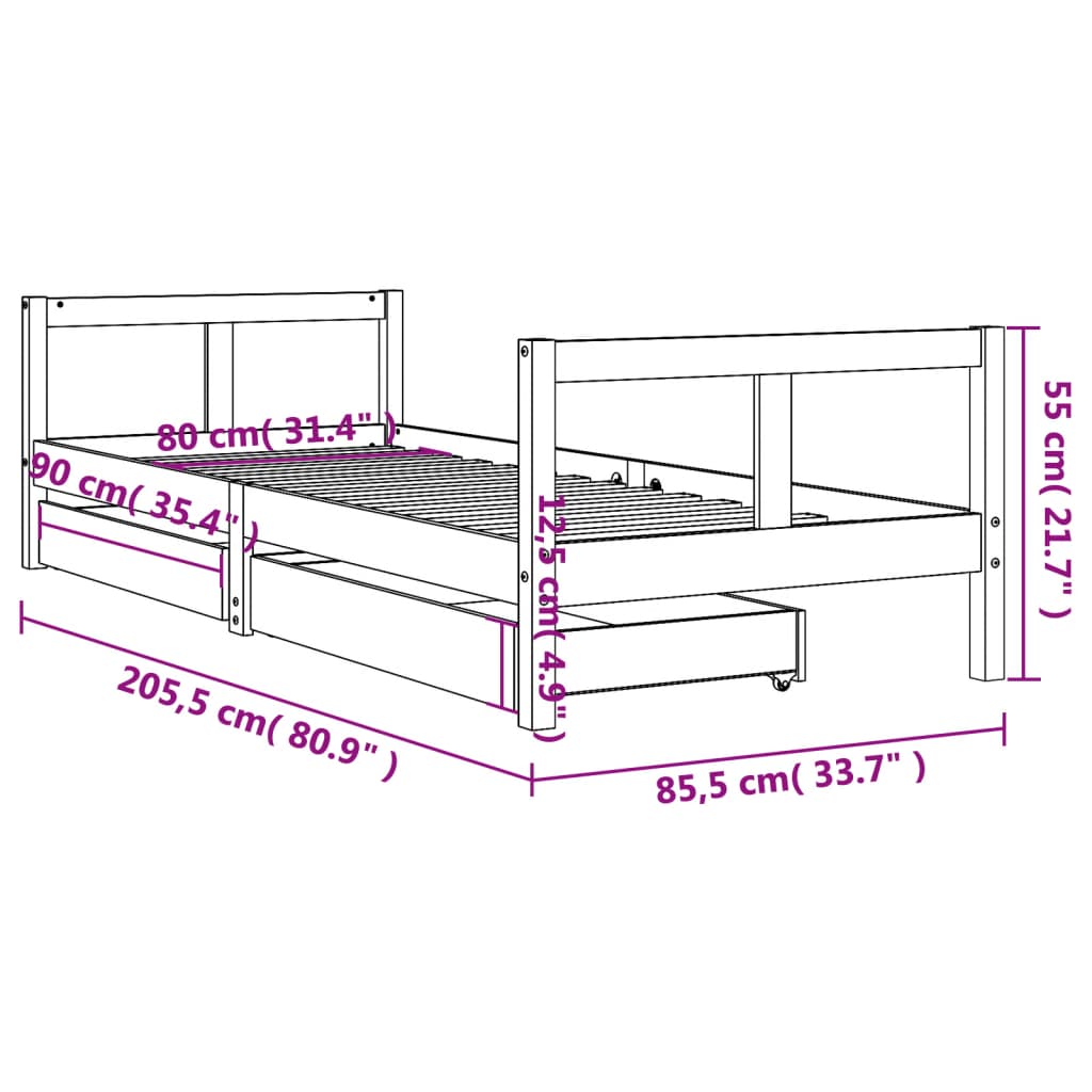 Solid Pine Kids Bed Frame with Drawers 80x200 cm - Natural Wood