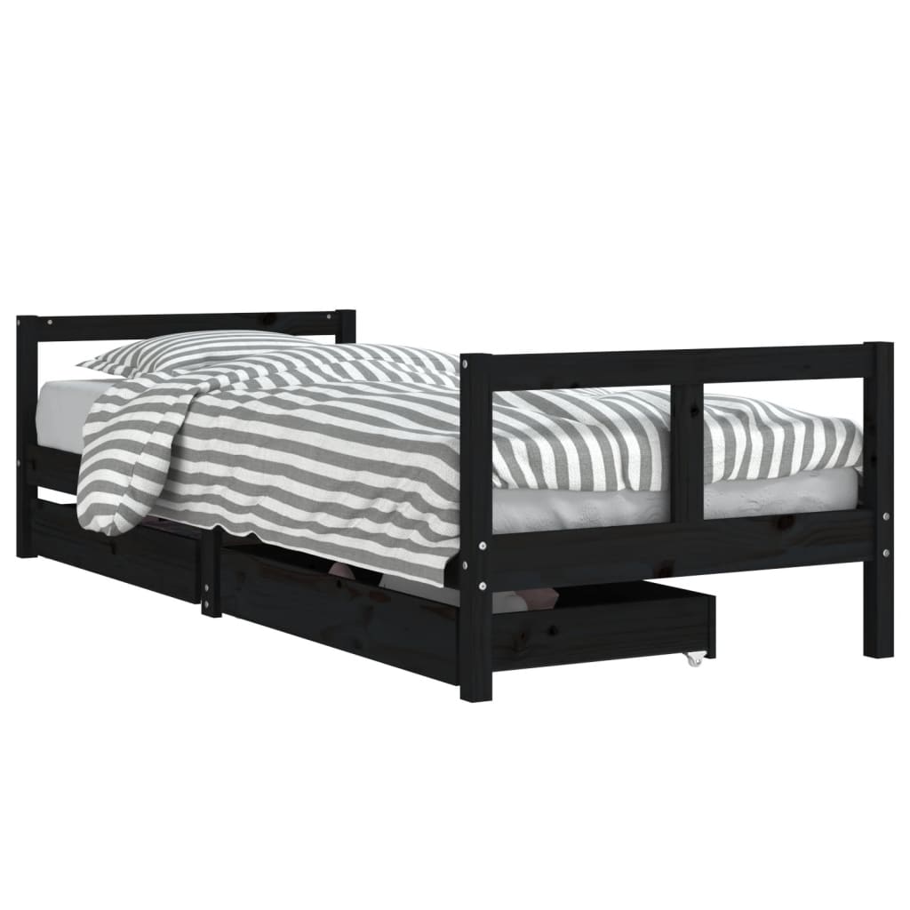 Black Pine Kids Bed Frame with Drawers 80x200 cm | Solid Wood