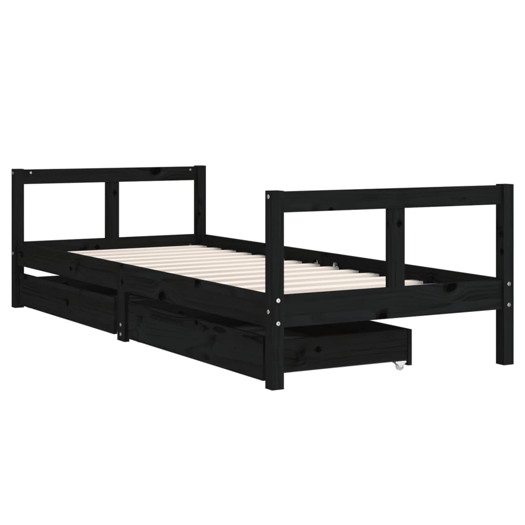 Black Pine Kids Bed Frame with Drawers 80x200 cm | Solid Wood