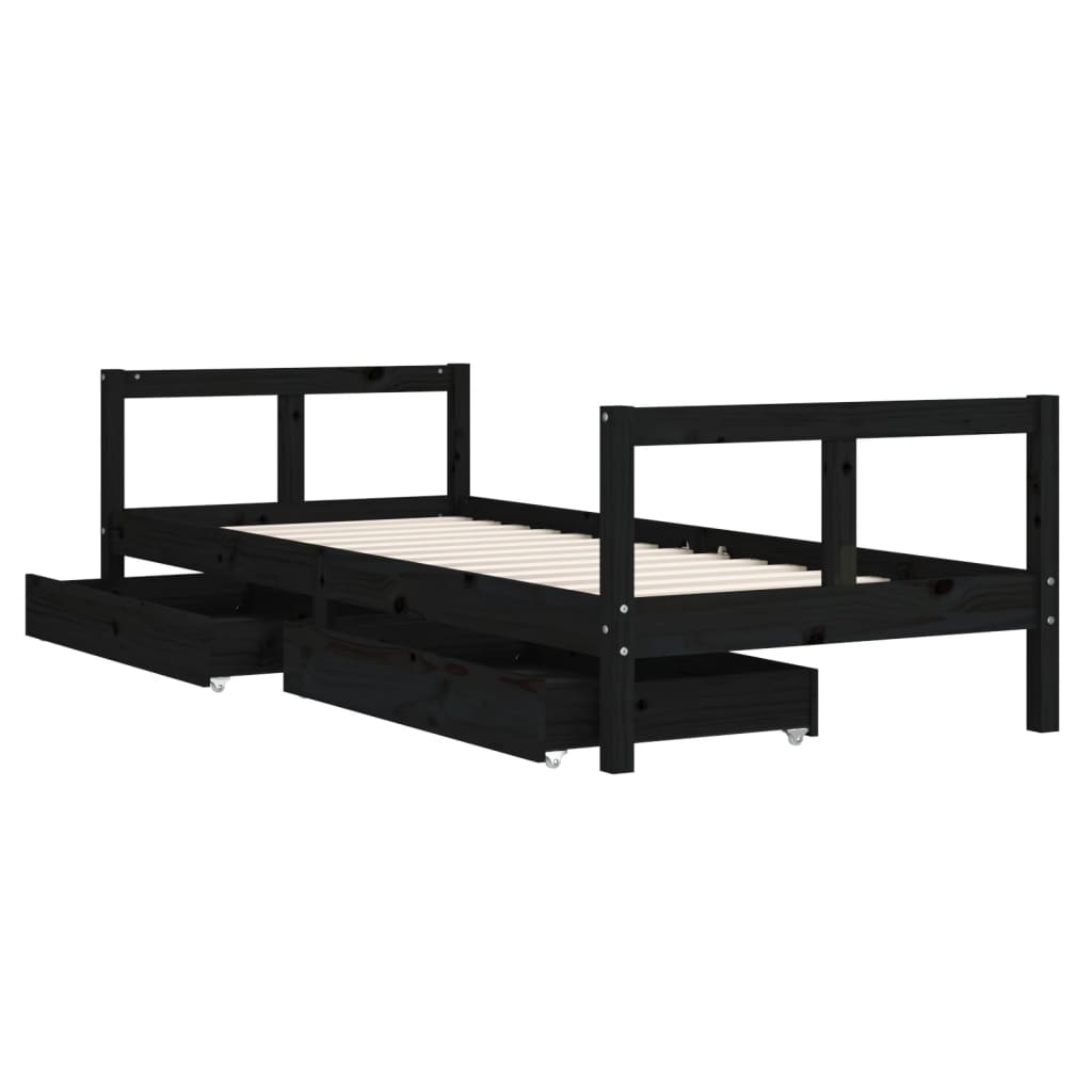 Black Pine Kids Bed Frame with Drawers 80x200 cm | Solid Wood
