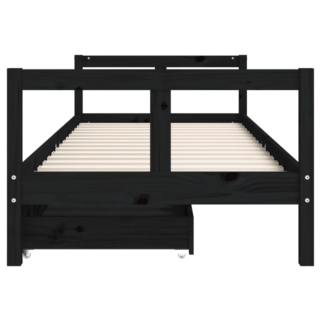 Black Pine Kids Bed Frame with Drawers 80x200 cm | Solid Wood