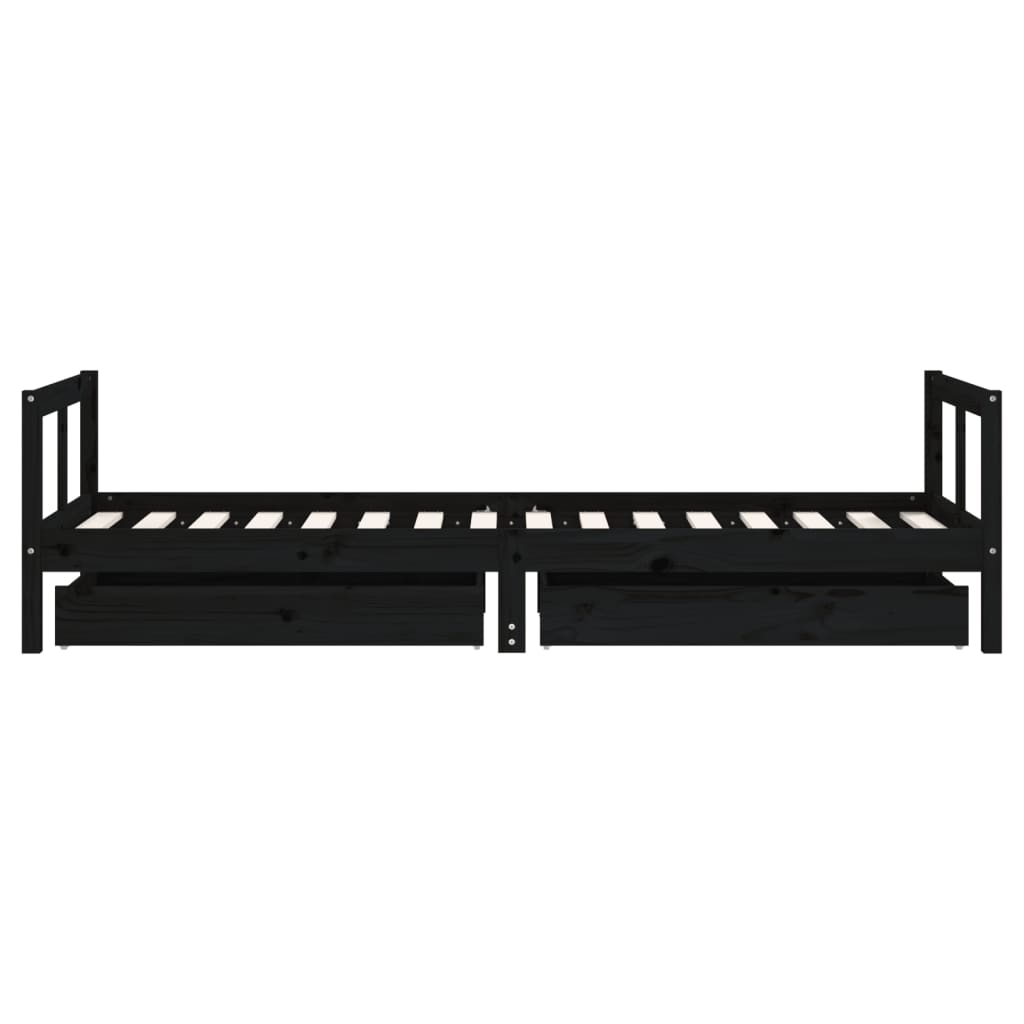 Black Pine Kids Bed Frame with Drawers 80x200 cm | Solid Wood