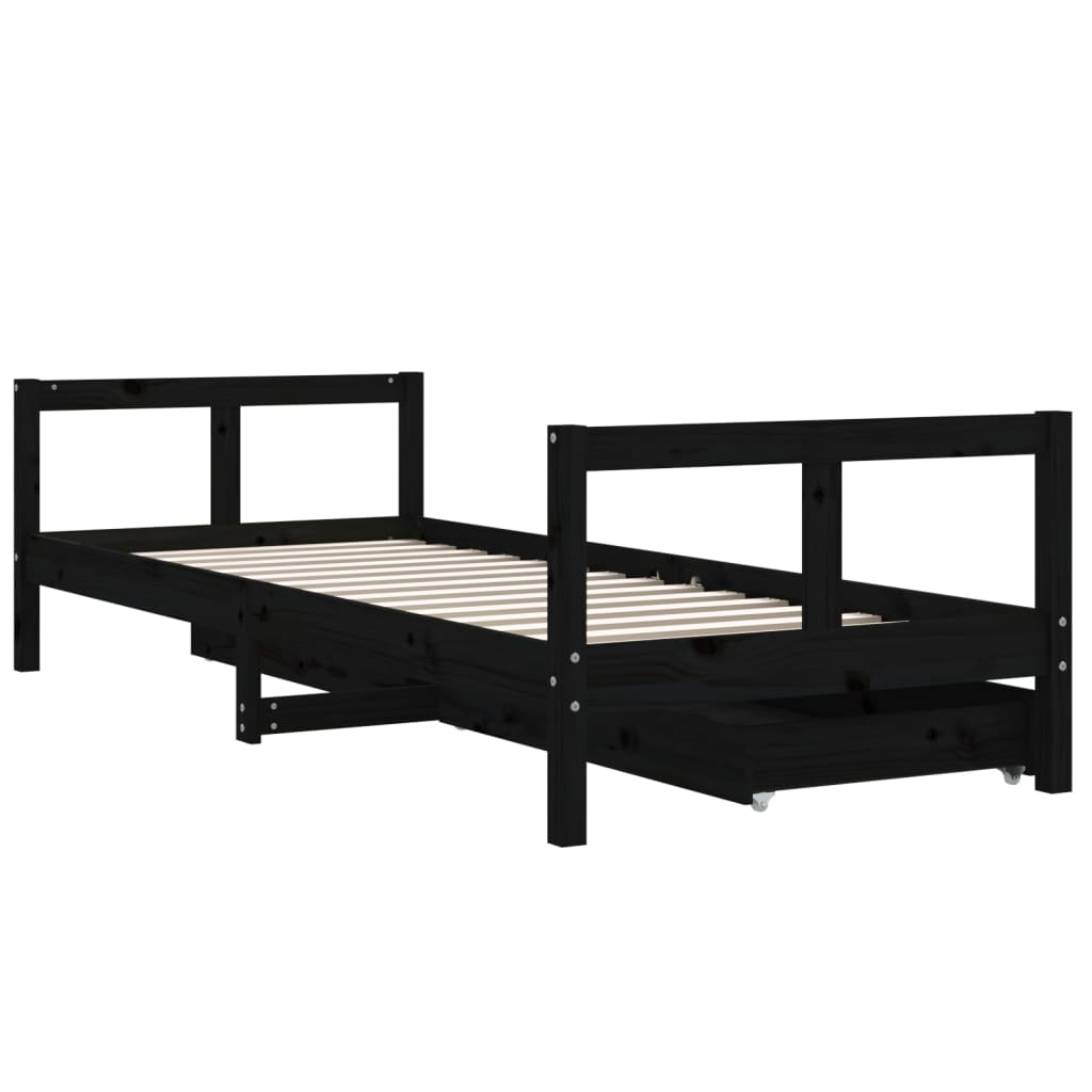 Black Pine Kids Bed Frame with Drawers 80x200 cm | Solid Wood