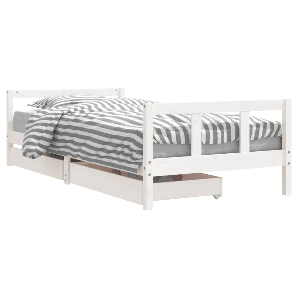 White Solid Pine Kids Bed Frame with Drawers, 90x200 cm