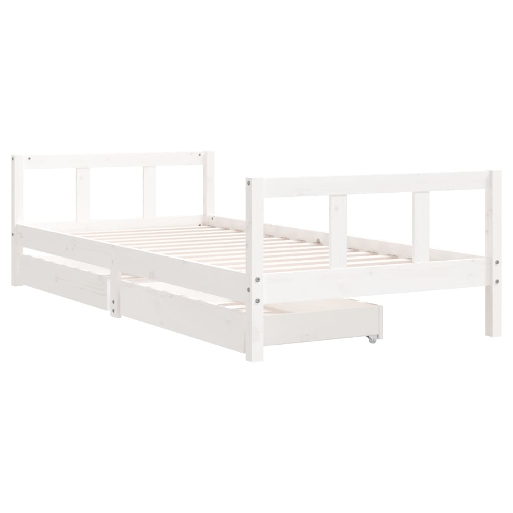 White Solid Pine Kids Bed Frame with Drawers, 90x200 cm