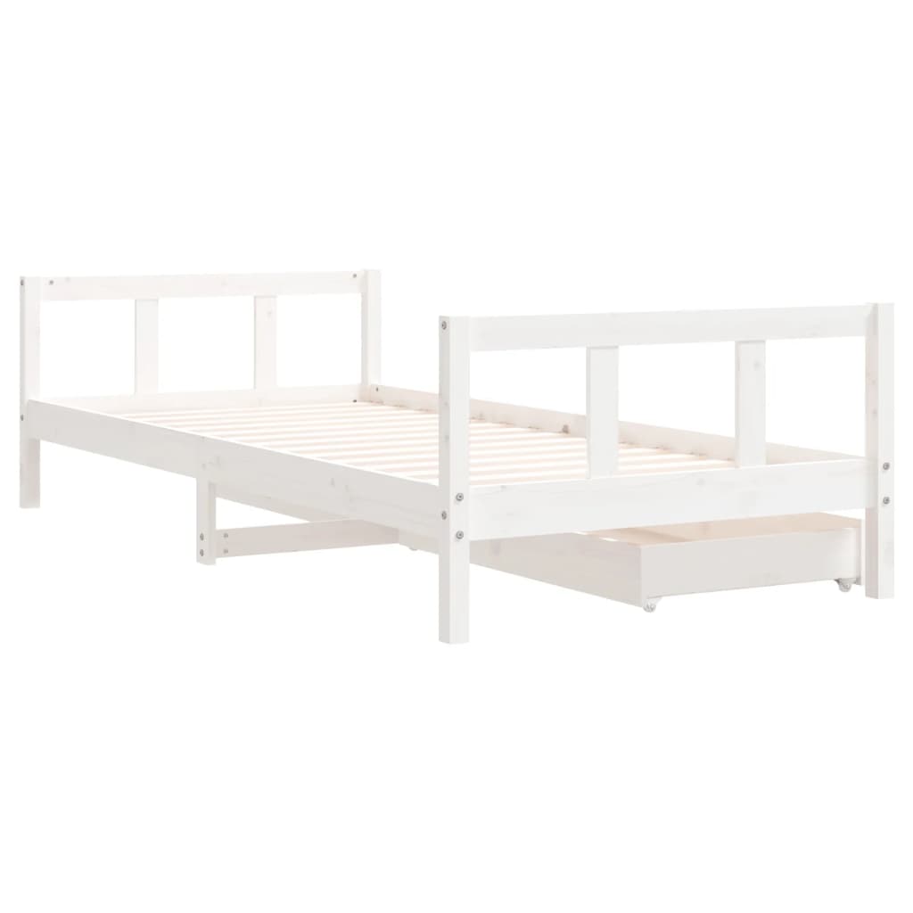 White Solid Pine Kids Bed Frame with Drawers, 90x200 cm