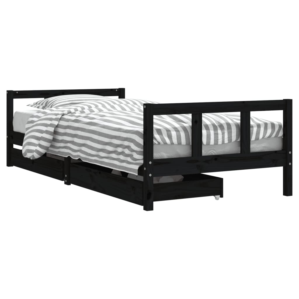 Kids Black Pine Wood Bed Frame with Drawers 90x200 cm