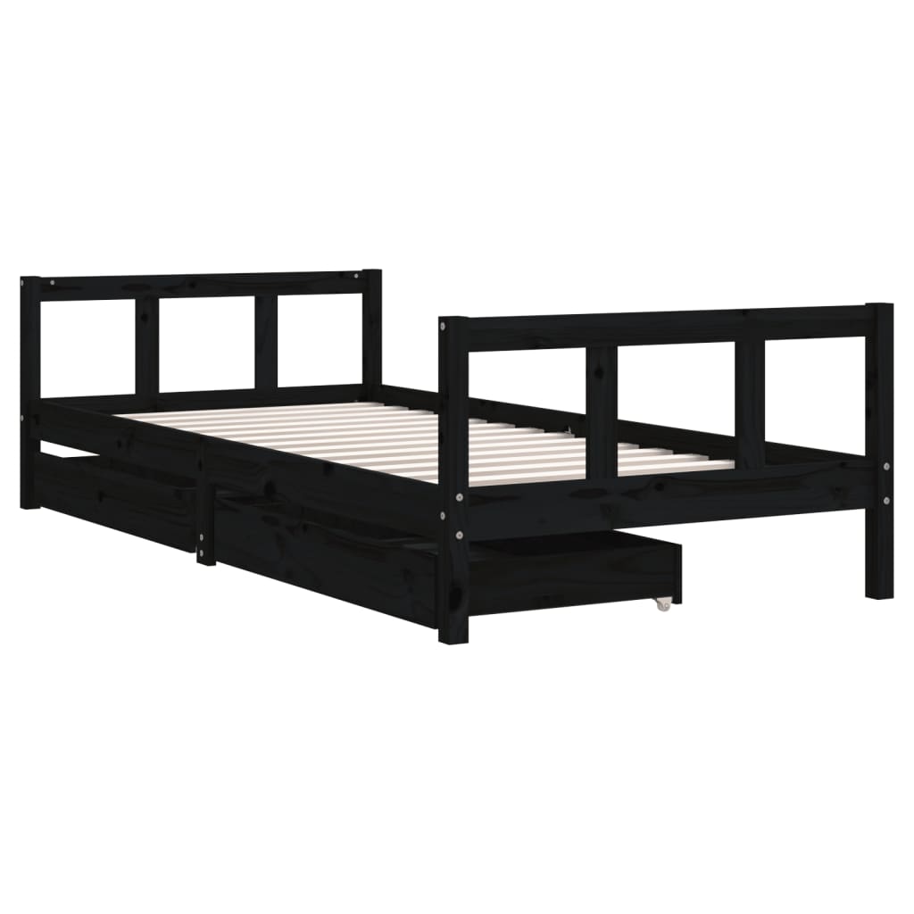 Kids Black Pine Wood Bed Frame with Drawers 90x200 cm