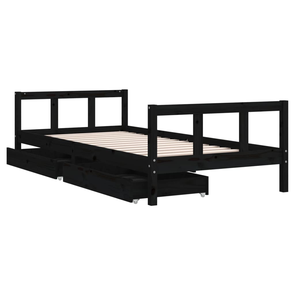 Kids Black Pine Wood Bed Frame with Drawers 90x200 cm