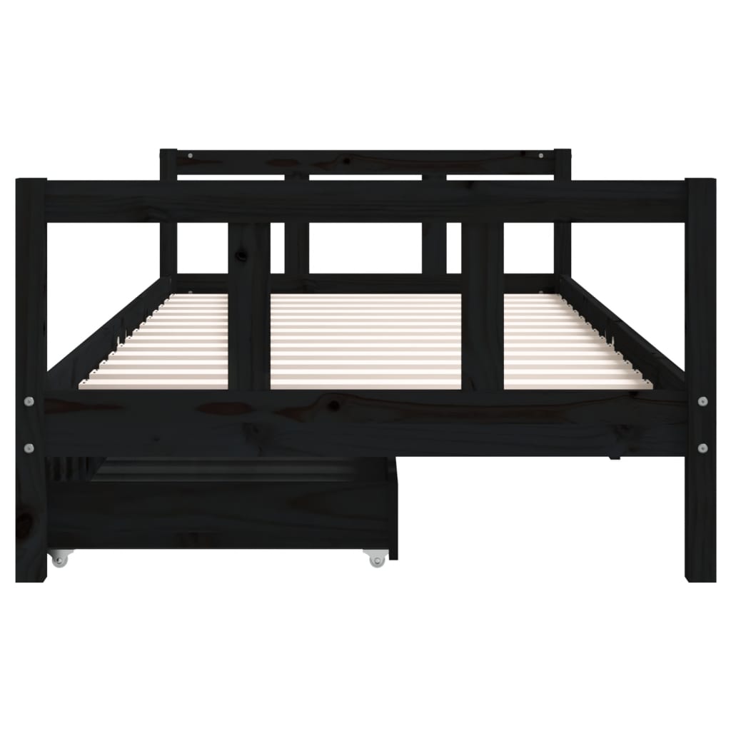 Kids Black Pine Wood Bed Frame with Drawers 90x200 cm