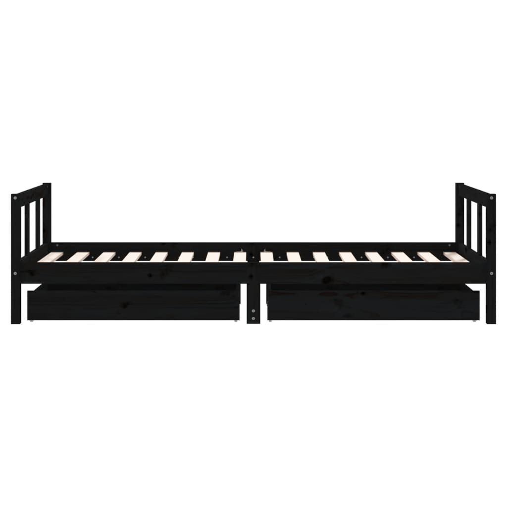 Kids Black Pine Wood Bed Frame with Drawers 90x200 cm