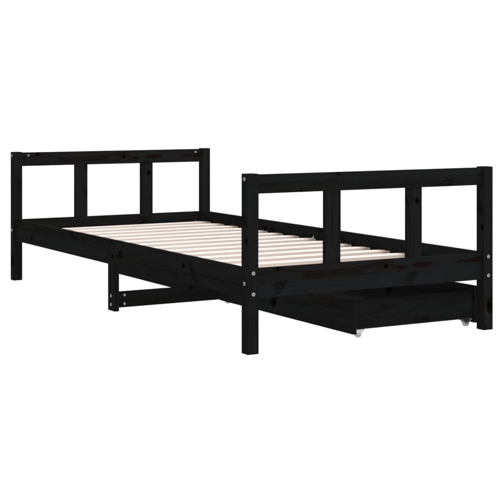 Kids Black Pine Wood Bed Frame with Drawers 90x200 cm