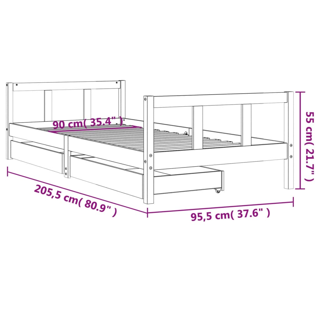 Kids Black Pine Wood Bed Frame with Drawers 90x200 cm