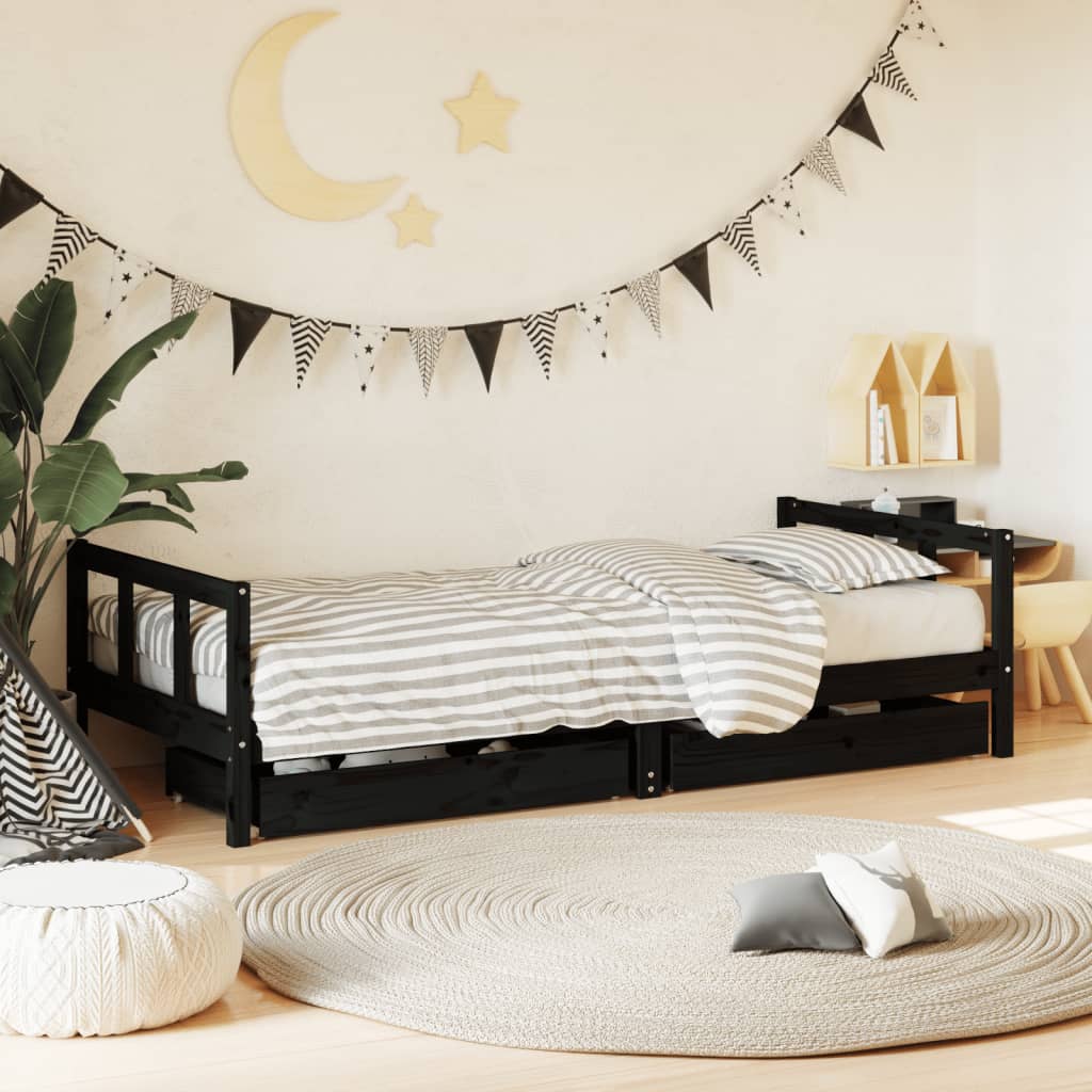 Kids Black Pine Wood Bed Frame with Drawers 90x200 cm