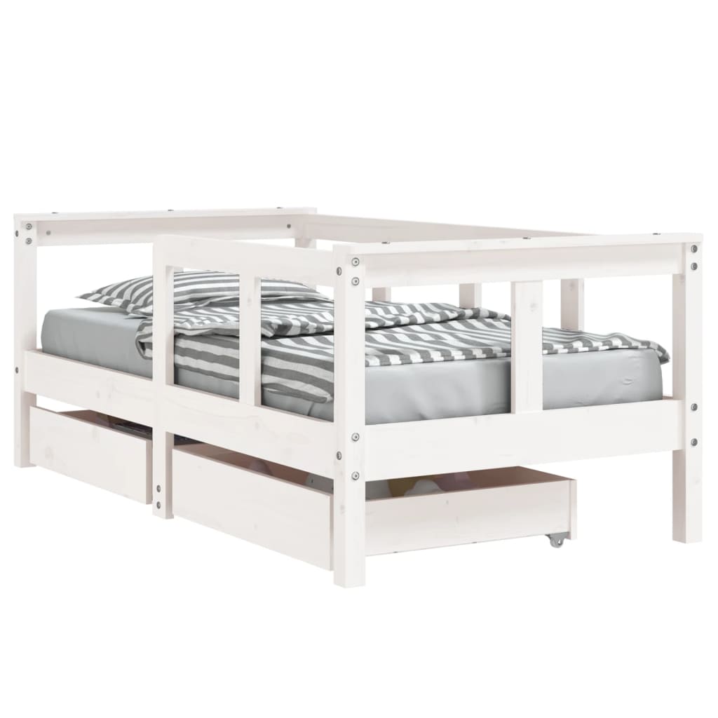 White Solid Pine Kids Bed Frame with Drawers, 70x140 cm