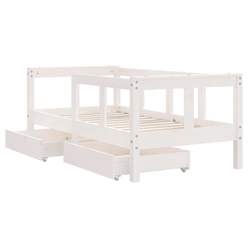 White Solid Pine Kids Bed Frame with Drawers, 70x140 cm