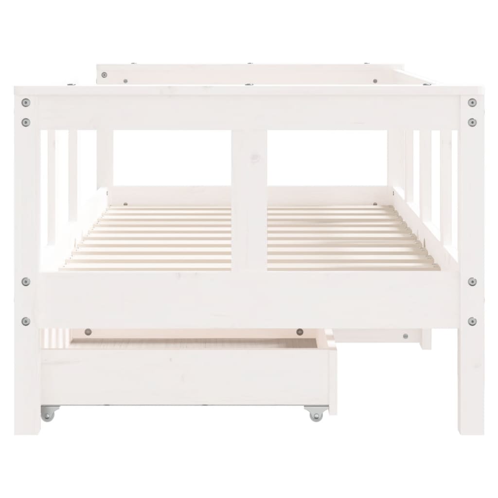 White Solid Pine Kids Bed Frame with Drawers, 70x140 cm