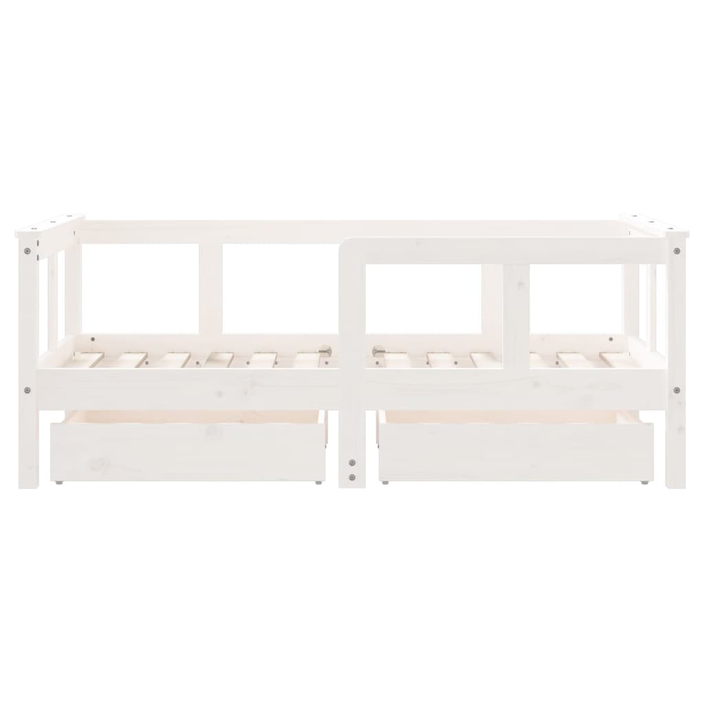 White Solid Pine Kids Bed Frame with Drawers, 70x140 cm