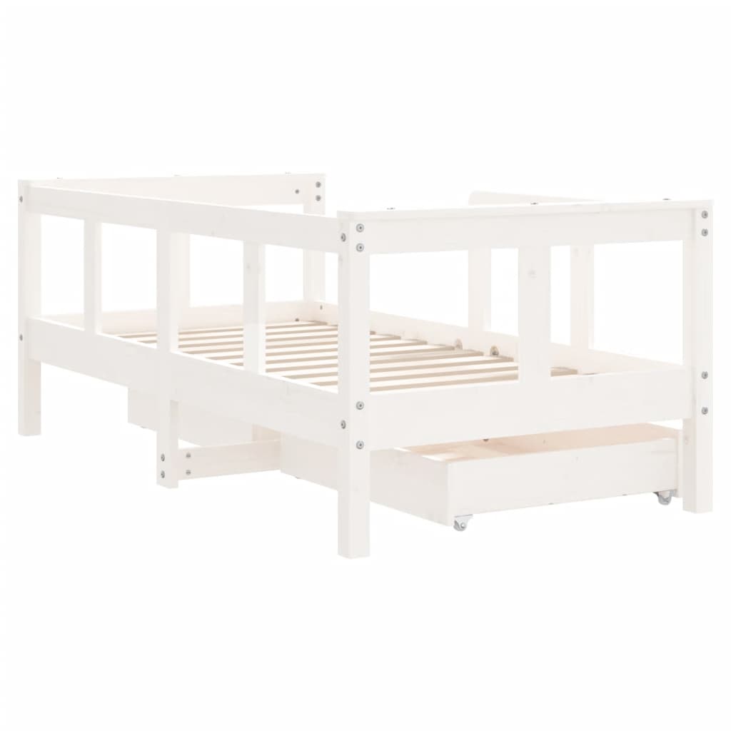 White Solid Pine Kids Bed Frame with Drawers, 70x140 cm
