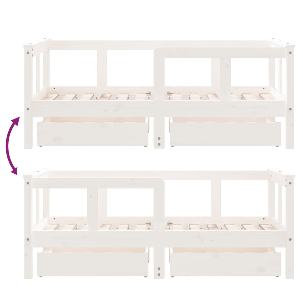 White Solid Pine Kids Bed Frame with Drawers, 70x140 cm